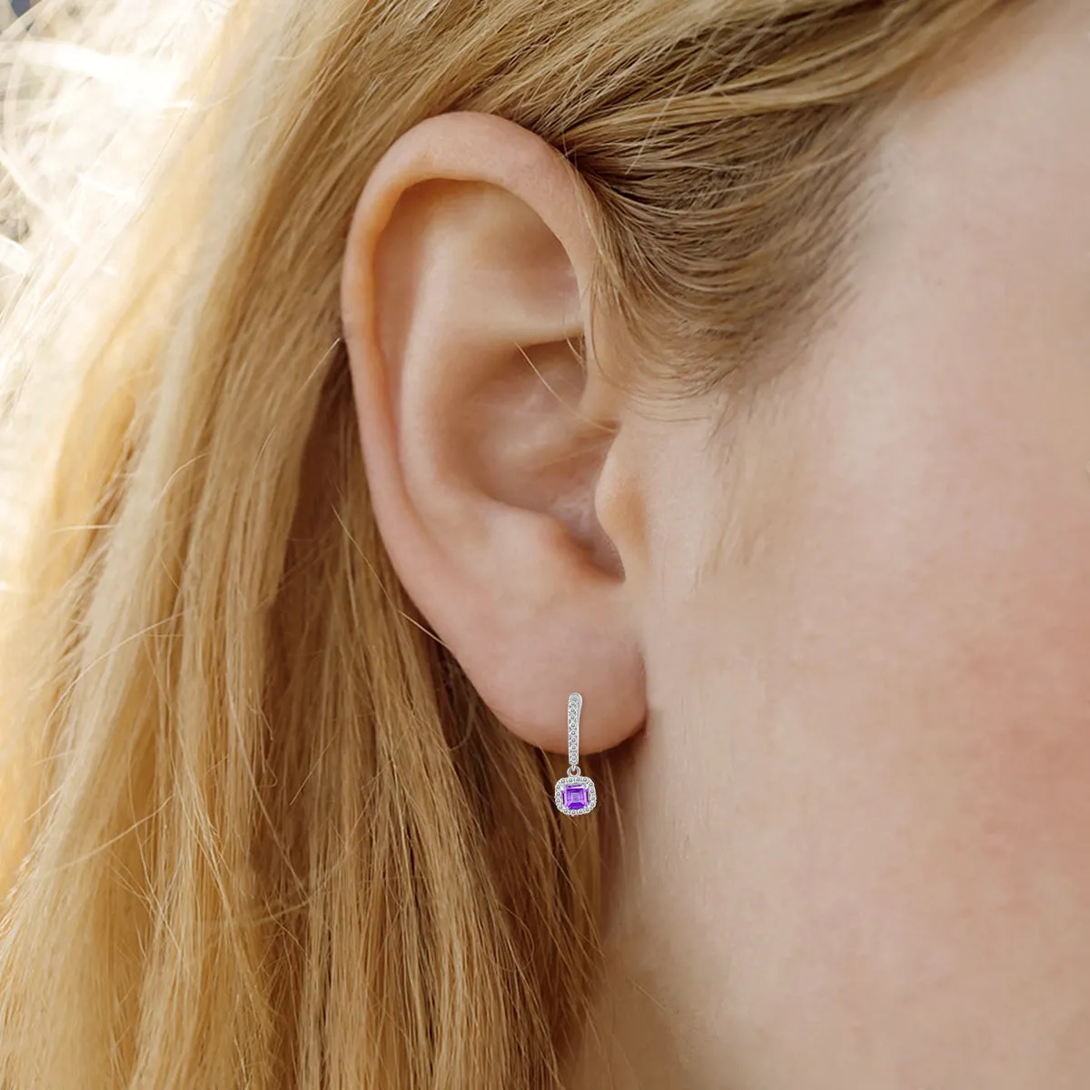 1 Carat Amethyst And Diamond Halo Dangle Earrings In 10K White Gold