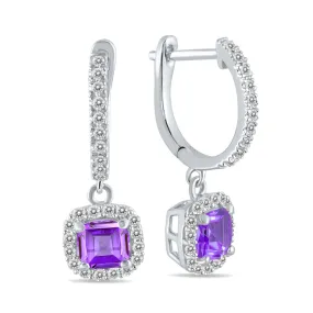 1 Carat Amethyst And Diamond Halo Dangle Earrings In 10K White Gold