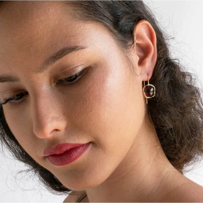 14K Rose Gold Round Red Garnet 12mm Dangle Earrings