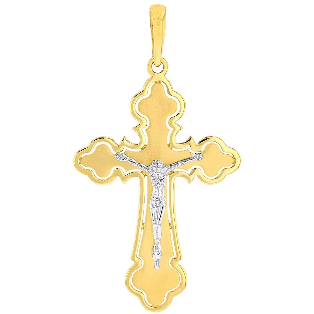 14k Two Tone Gold Open Outline Cross Eastern Orthodox Crucifix Pendant Cuban Concave Necklace