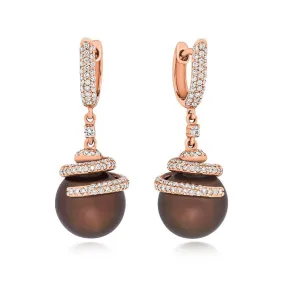 18ct Rose Gold Brown Pearl 0.80ct Diamond Swirl Drop Earrings