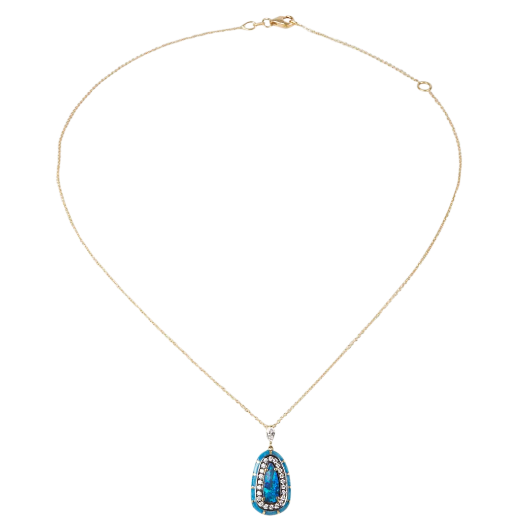 18K Yellow Gold Opal Blue Diamond Turquoise Pendant Necklace