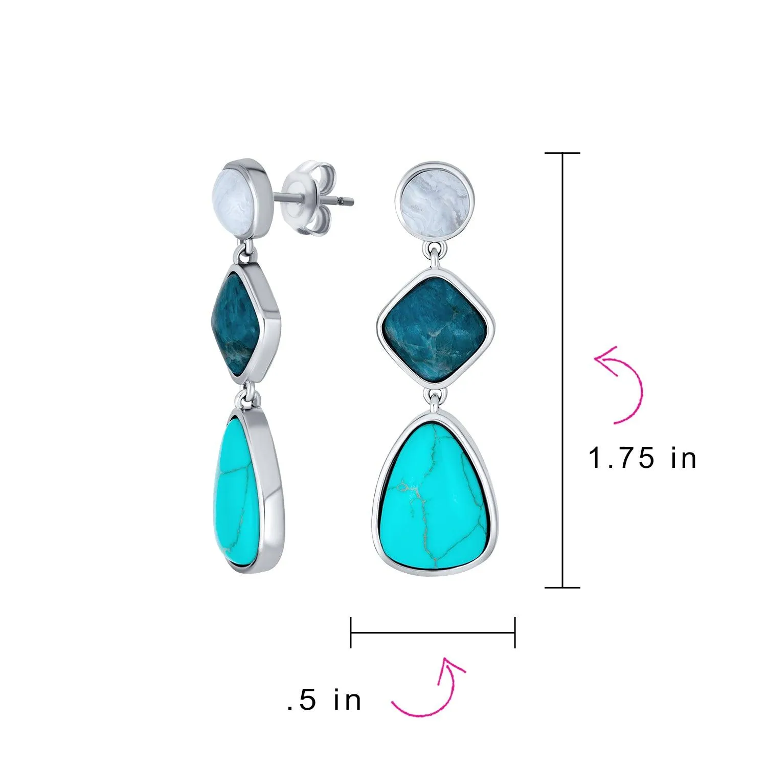 3 Tier Gemstone Dangle Navy Blue Long Teardrop Earrings Silver Plated