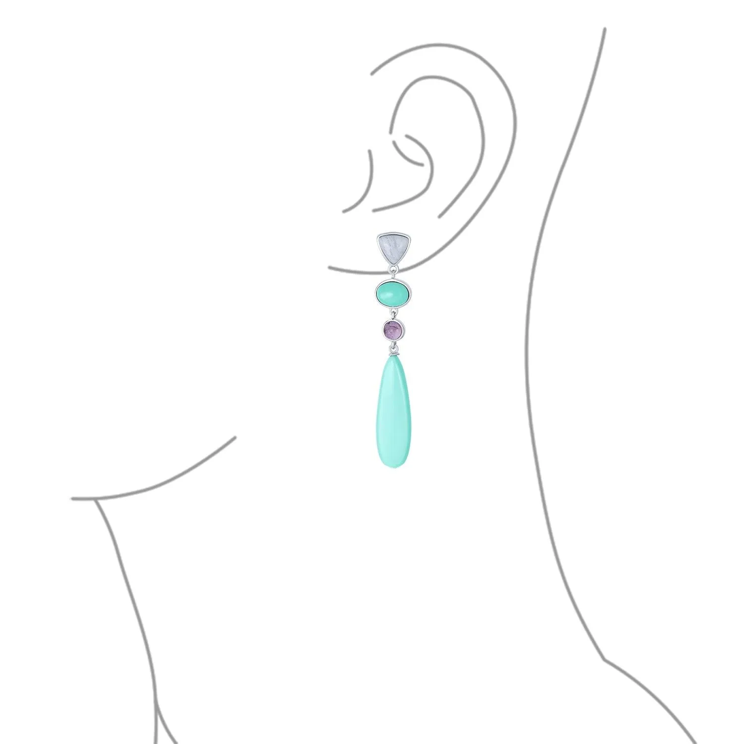 3 Tier Gemstone Dangle Navy Blue Long Teardrop Earrings Silver Plated