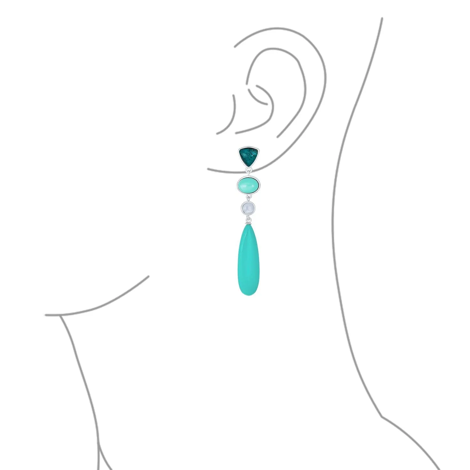 3 Tier Gemstone Dangle Navy Blue Long Teardrop Earrings Silver Plated