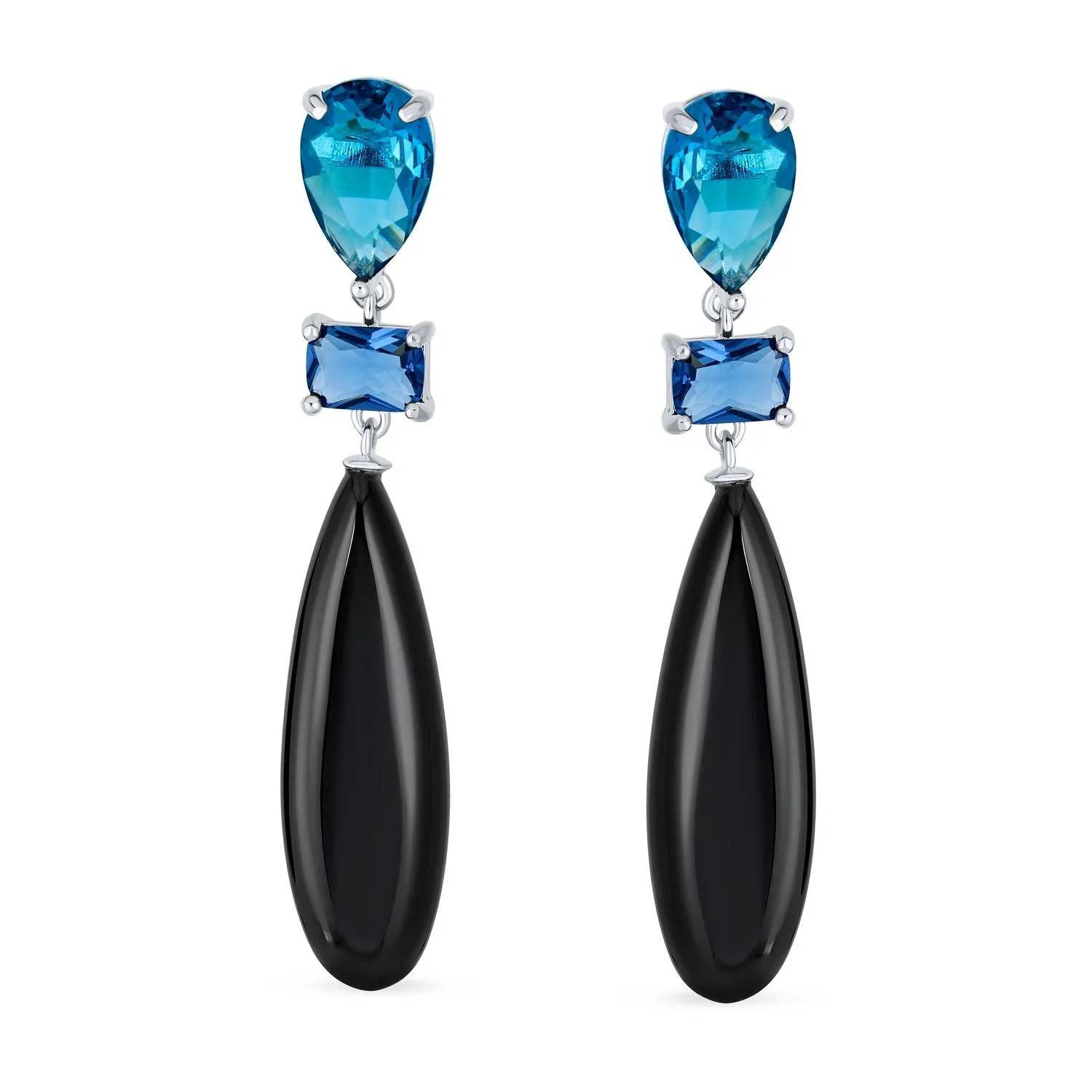 3 Tier Gemstone Dangle Navy Blue Long Teardrop Earrings Silver Plated