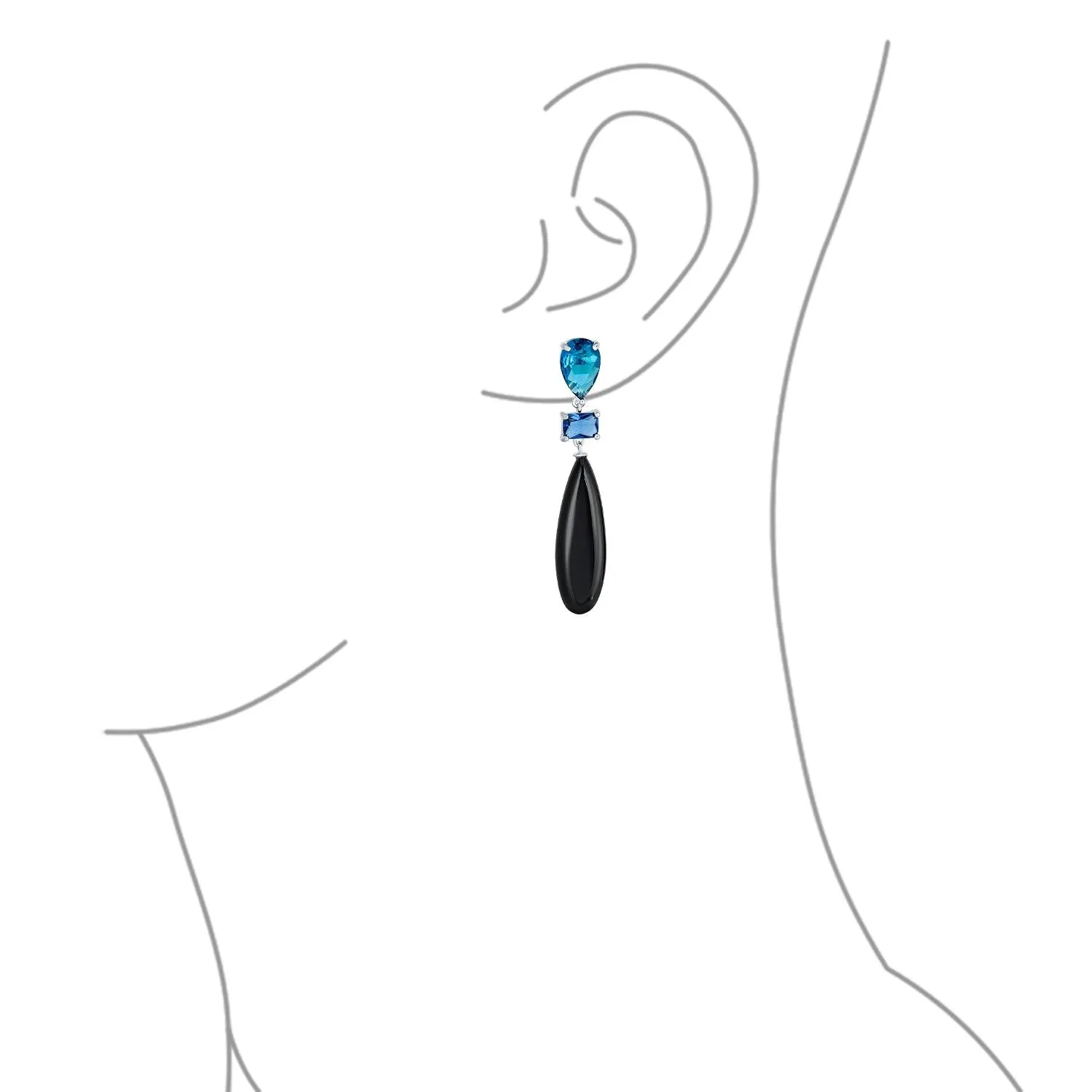 3 Tier Gemstone Dangle Navy Blue Long Teardrop Earrings Silver Plated