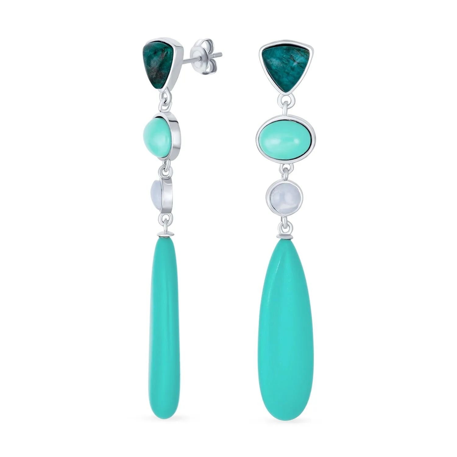 3 Tier Gemstone Dangle Navy Blue Long Teardrop Earrings Silver Plated
