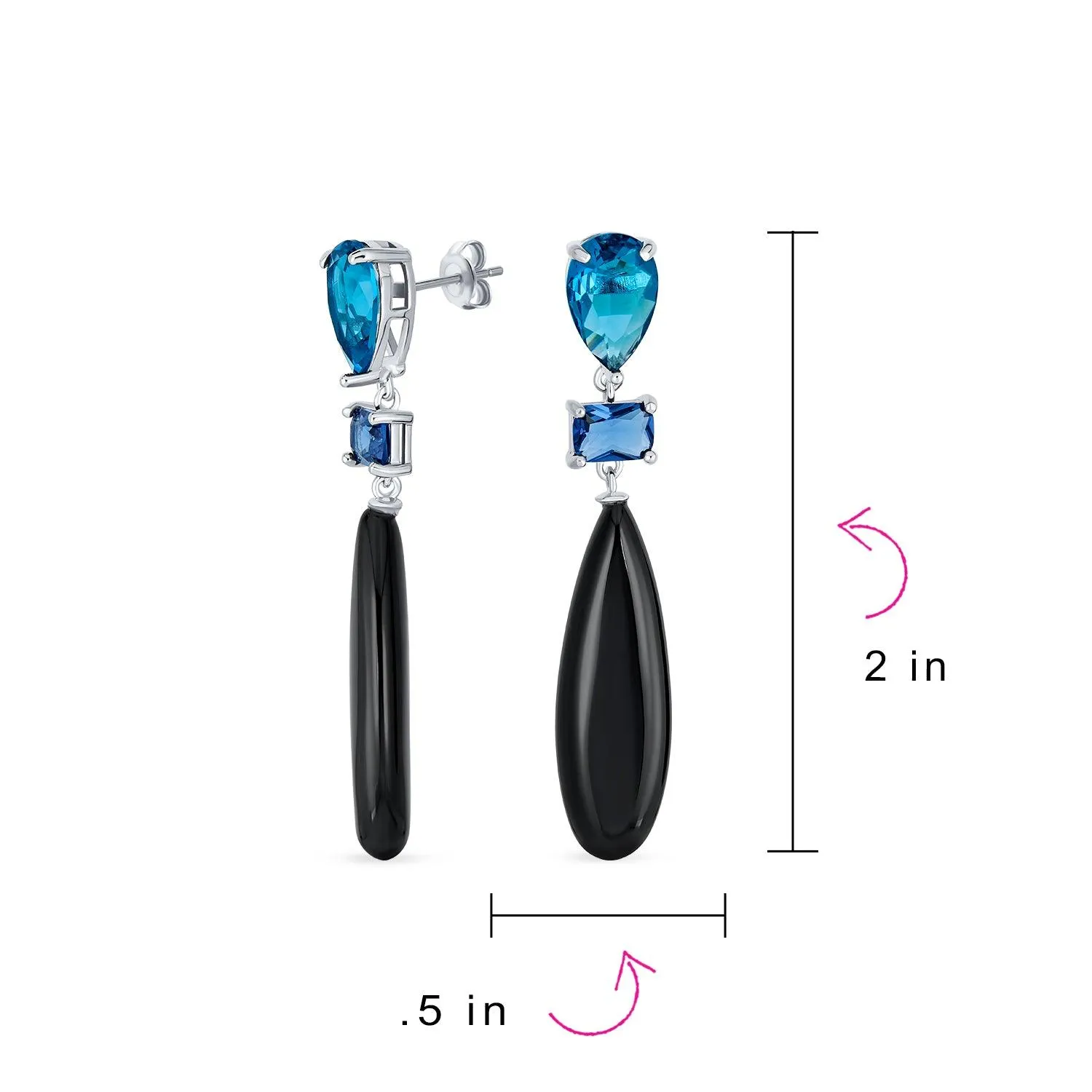 3 Tier Gemstone Dangle Navy Blue Long Teardrop Earrings Silver Plated