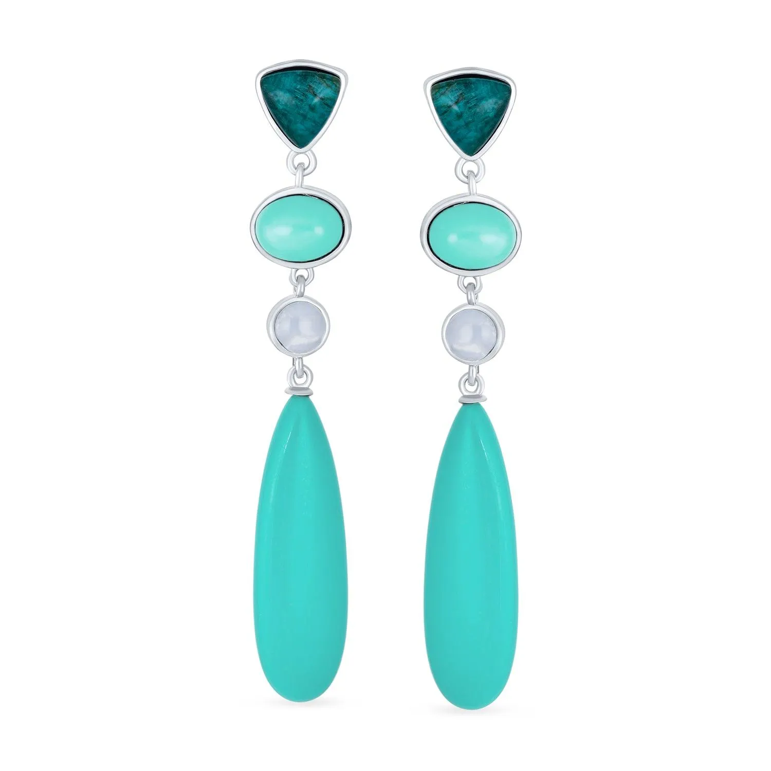 3 Tier Gemstone Dangle Navy Blue Long Teardrop Earrings Silver Plated