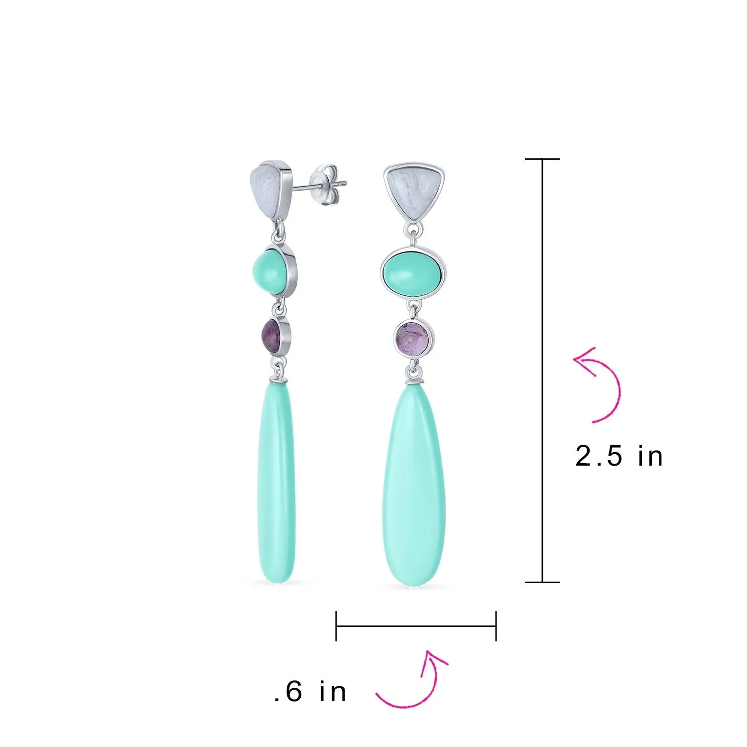 3 Tier Gemstone Dangle Navy Blue Long Teardrop Earrings Silver Plated