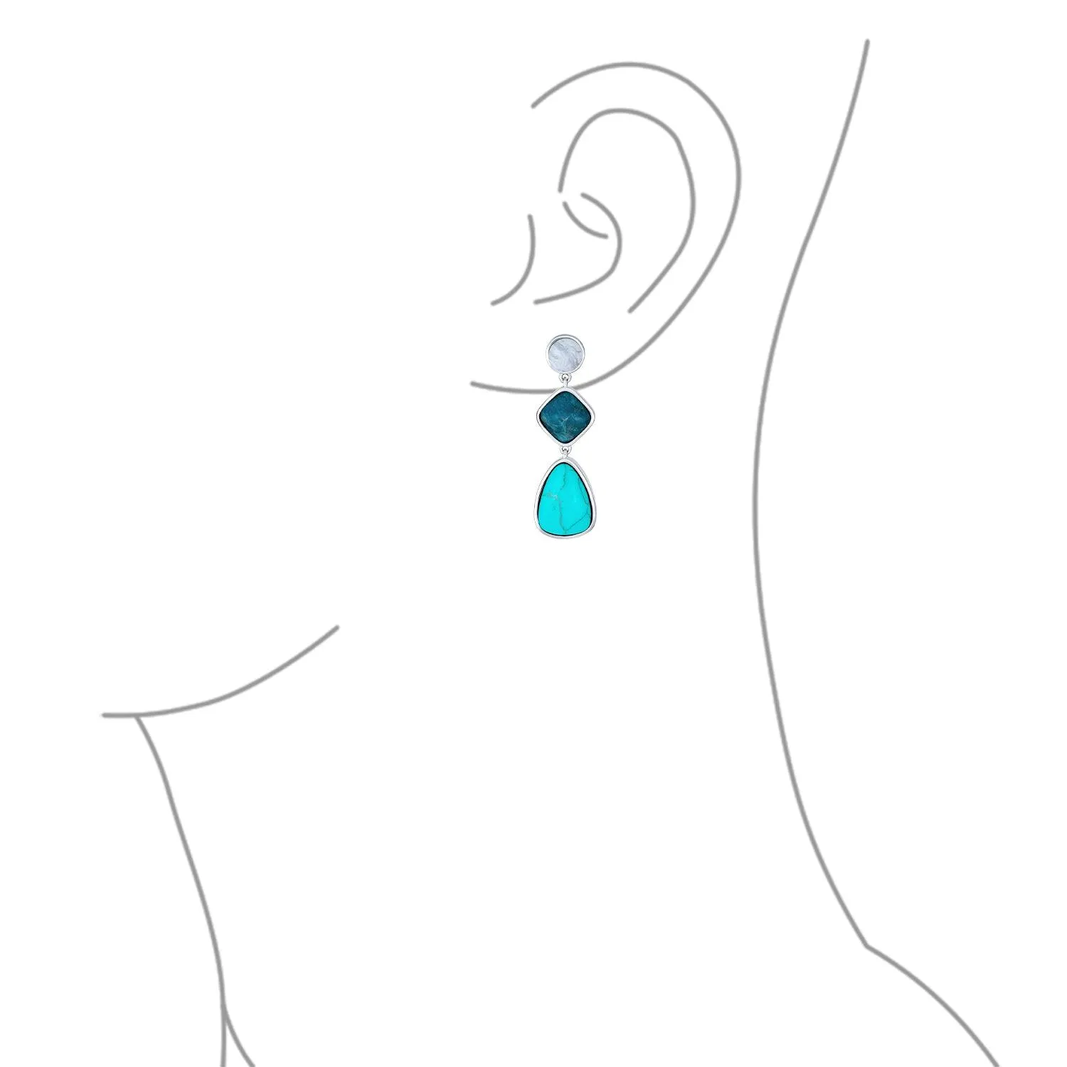 3 Tier Gemstone Dangle Navy Blue Long Teardrop Earrings Silver Plated