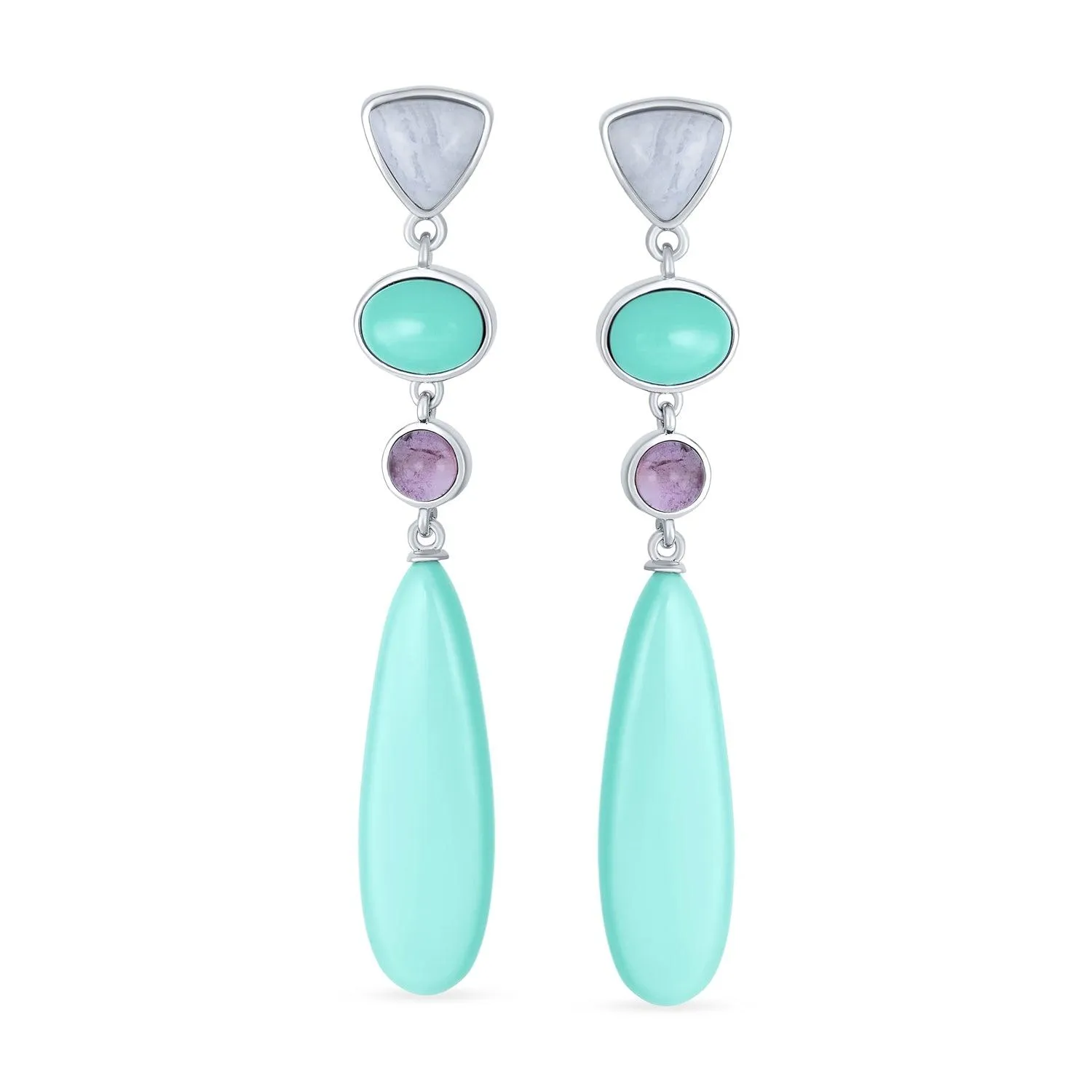 3 Tier Gemstone Dangle Navy Blue Long Teardrop Earrings Silver Plated