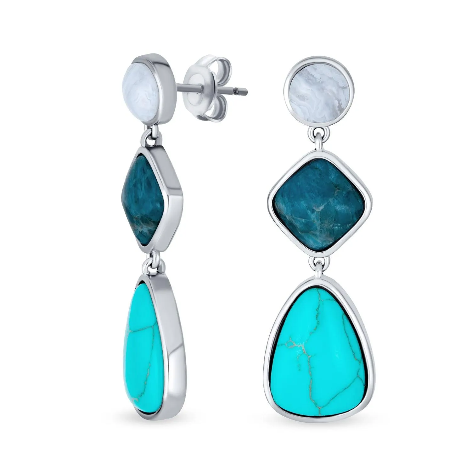 3 Tier Gemstone Dangle Navy Blue Long Teardrop Earrings Silver Plated