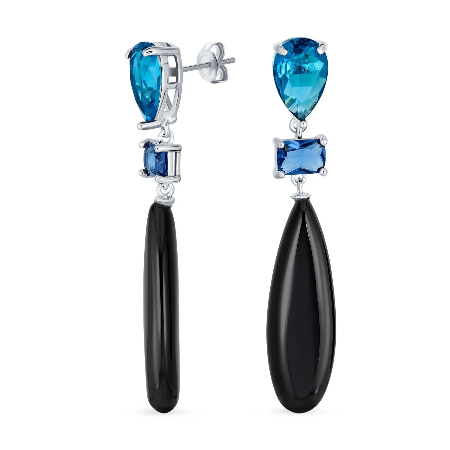 3 Tier Gemstone Dangle Navy Blue Long Teardrop Earrings Silver Plated