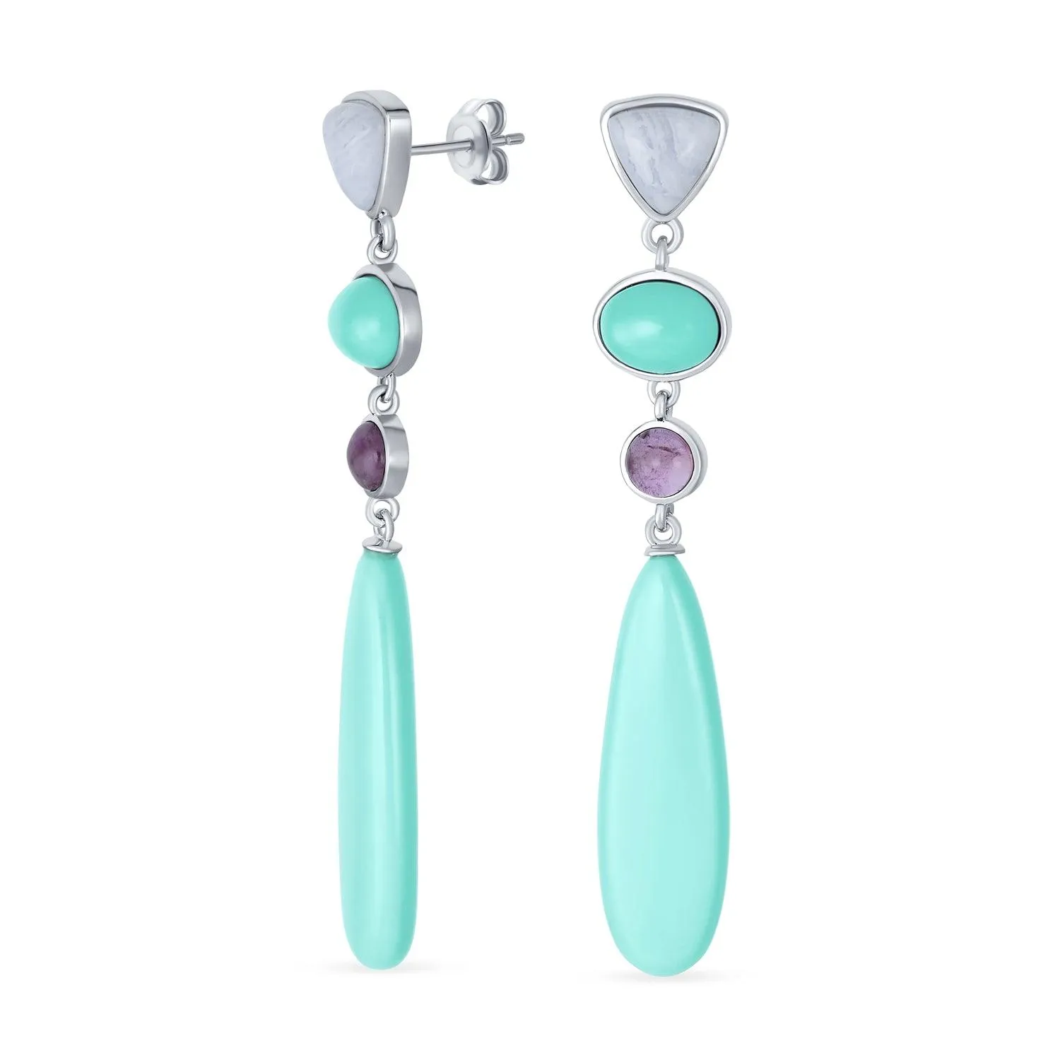 3 Tier Gemstone Dangle Navy Blue Long Teardrop Earrings Silver Plated