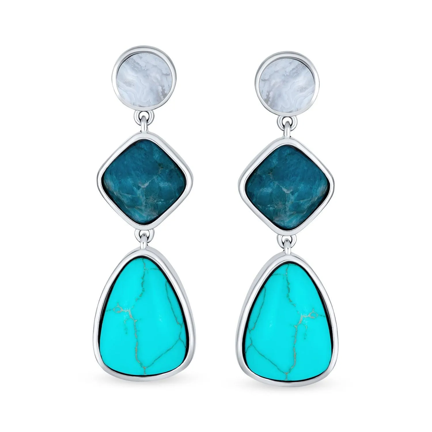 3 Tier Gemstone Dangle Navy Blue Long Teardrop Earrings Silver Plated