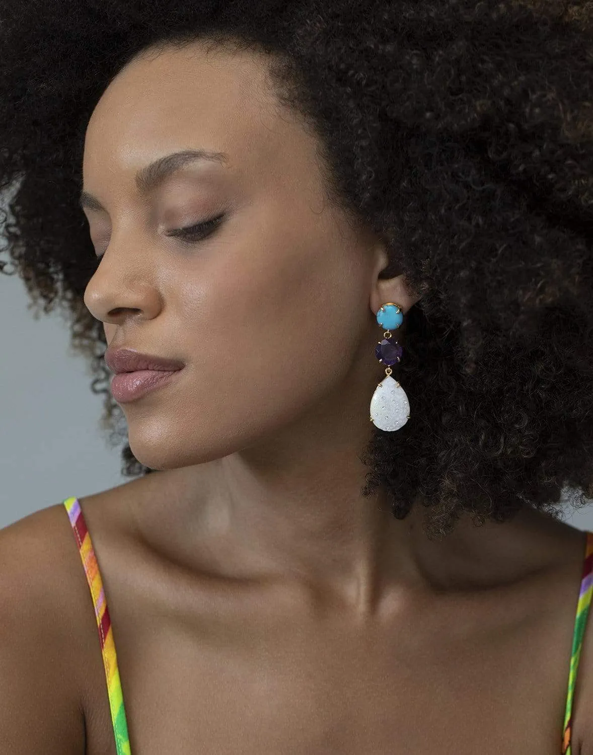 4-in-1 Amethyst, Turquoise & Carved Mother of Pearl Earrings