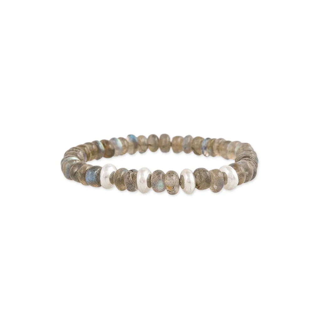 4 SPACED OUT STERLING SILVER BEADS   LABRADORITE BEADED STRETCH BRACELET