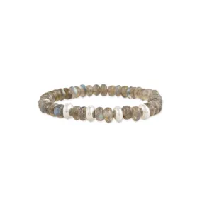 4 SPACED OUT STERLING SILVER BEADS   LABRADORITE BEADED STRETCH BRACELET
