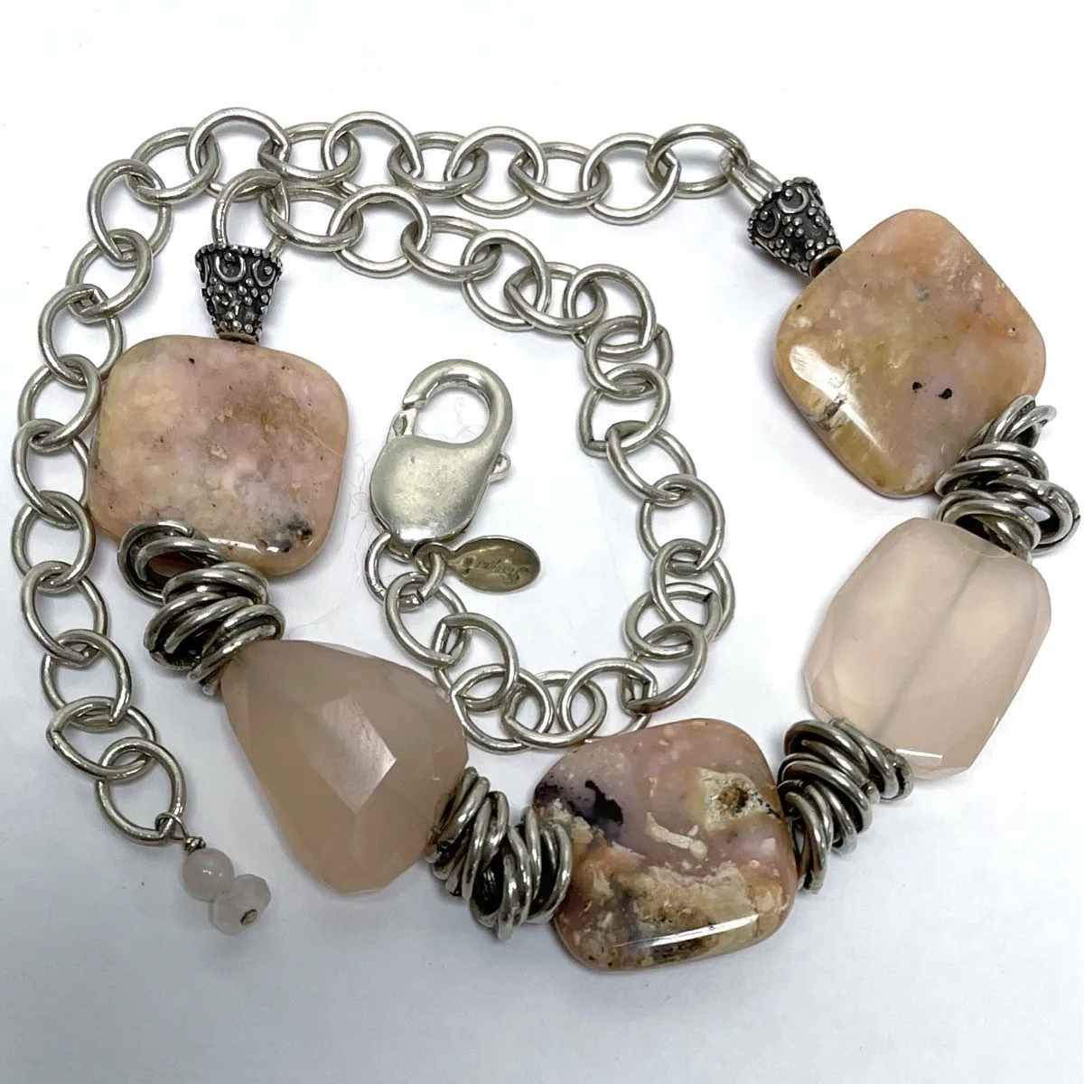 925 Sterling Silver "Jacque's" Peruvian Pink Opal & Rose Quartz 46.11 Grams 16"