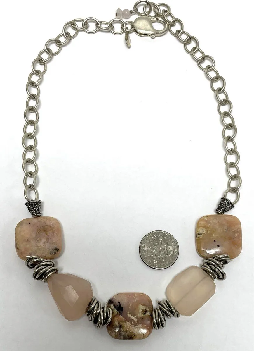 925 Sterling Silver "Jacque's" Peruvian Pink Opal & Rose Quartz 46.11 Grams 16"
