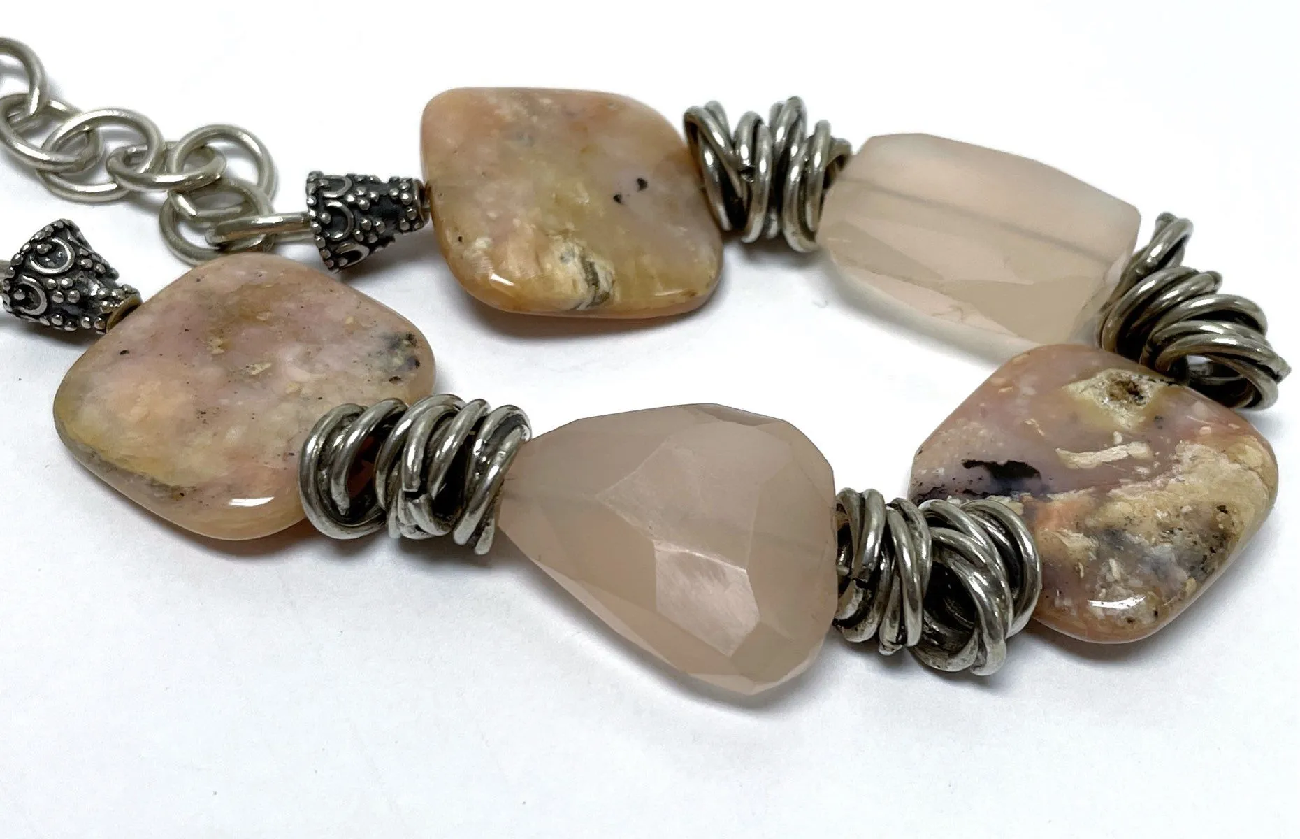 925 Sterling Silver "Jacque's" Peruvian Pink Opal & Rose Quartz 46.11 Grams 16"