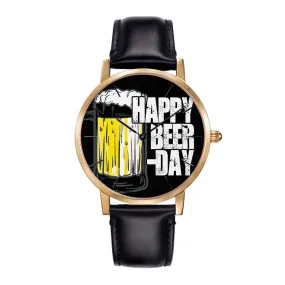 ARIES GOLD CUSTOMISED GOLD STAINLESS STEEL WATCH - HAPPY BEER DAY BLACK UNISEX LEATHER STRAP WATCH