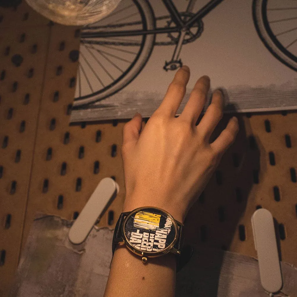 ARIES GOLD CUSTOMISED GOLD STAINLESS STEEL WATCH - HAPPY BEER DAY BLACK UNISEX LEATHER STRAP WATCH