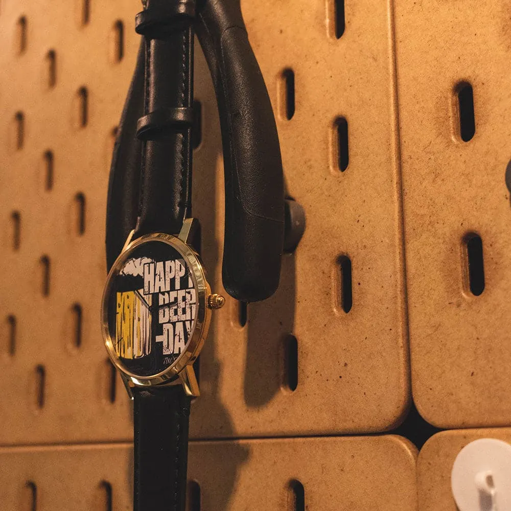 ARIES GOLD CUSTOMISED GOLD STAINLESS STEEL WATCH - HAPPY BEER DAY BLACK UNISEX LEATHER STRAP WATCH