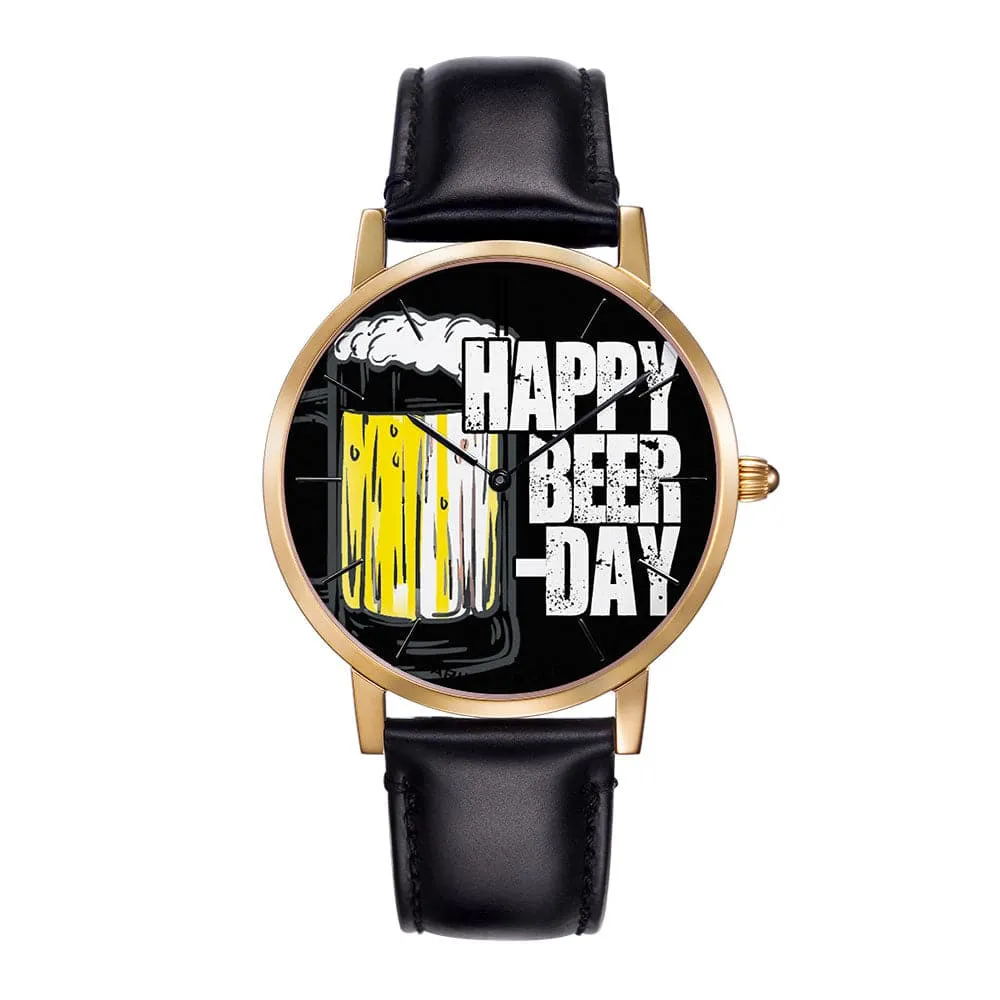 ARIES GOLD CUSTOMISED GOLD STAINLESS STEEL WATCH - HAPPY BEER DAY BLACK UNISEX LEATHER STRAP WATCH