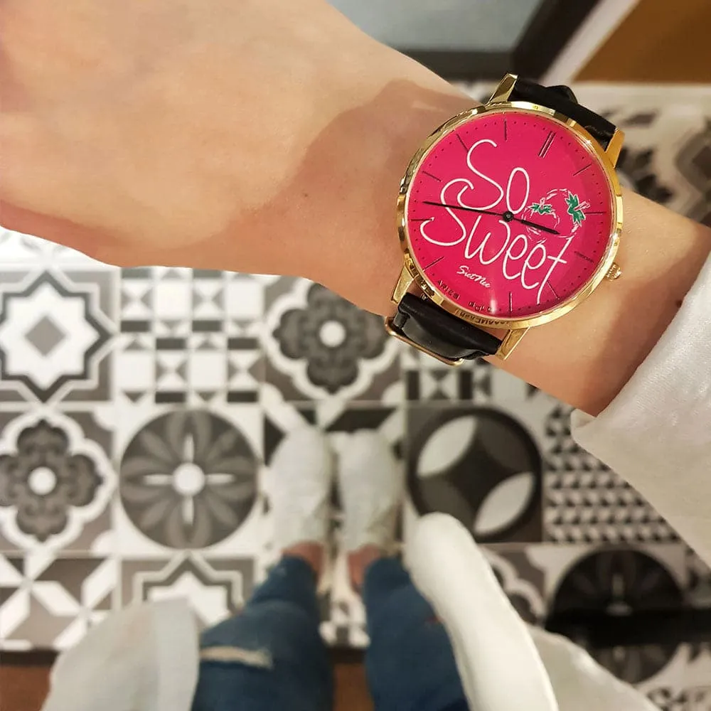 ARIES GOLD CUSTOMISED GOLD STAINLESS STEEL WATCH - SO SWEET PINK LEATHER STRAP WOMEN'S WATCH