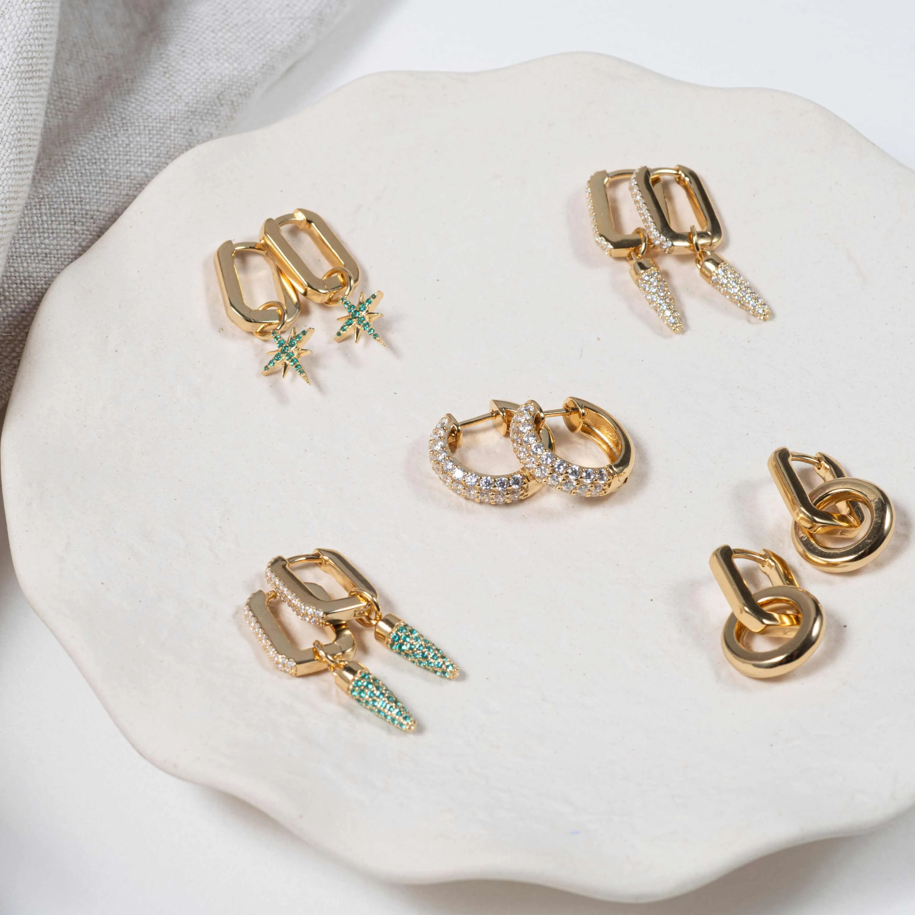 Auree x @theeditbutton Gold Interchangeable Hoop & Green Pointed Drop Earrings