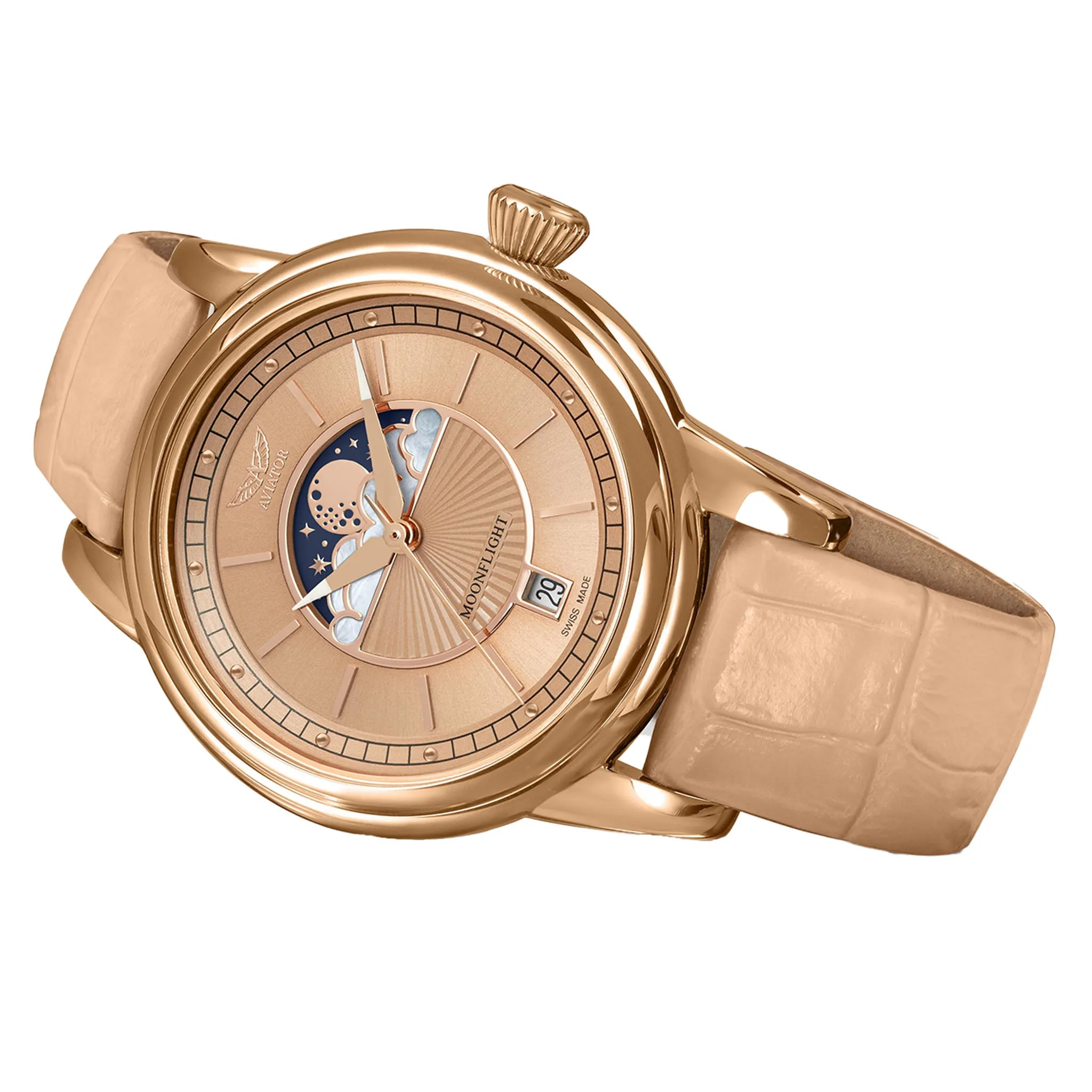 Aviator Beige Leather Swiss Made Women's Watch - V13322604