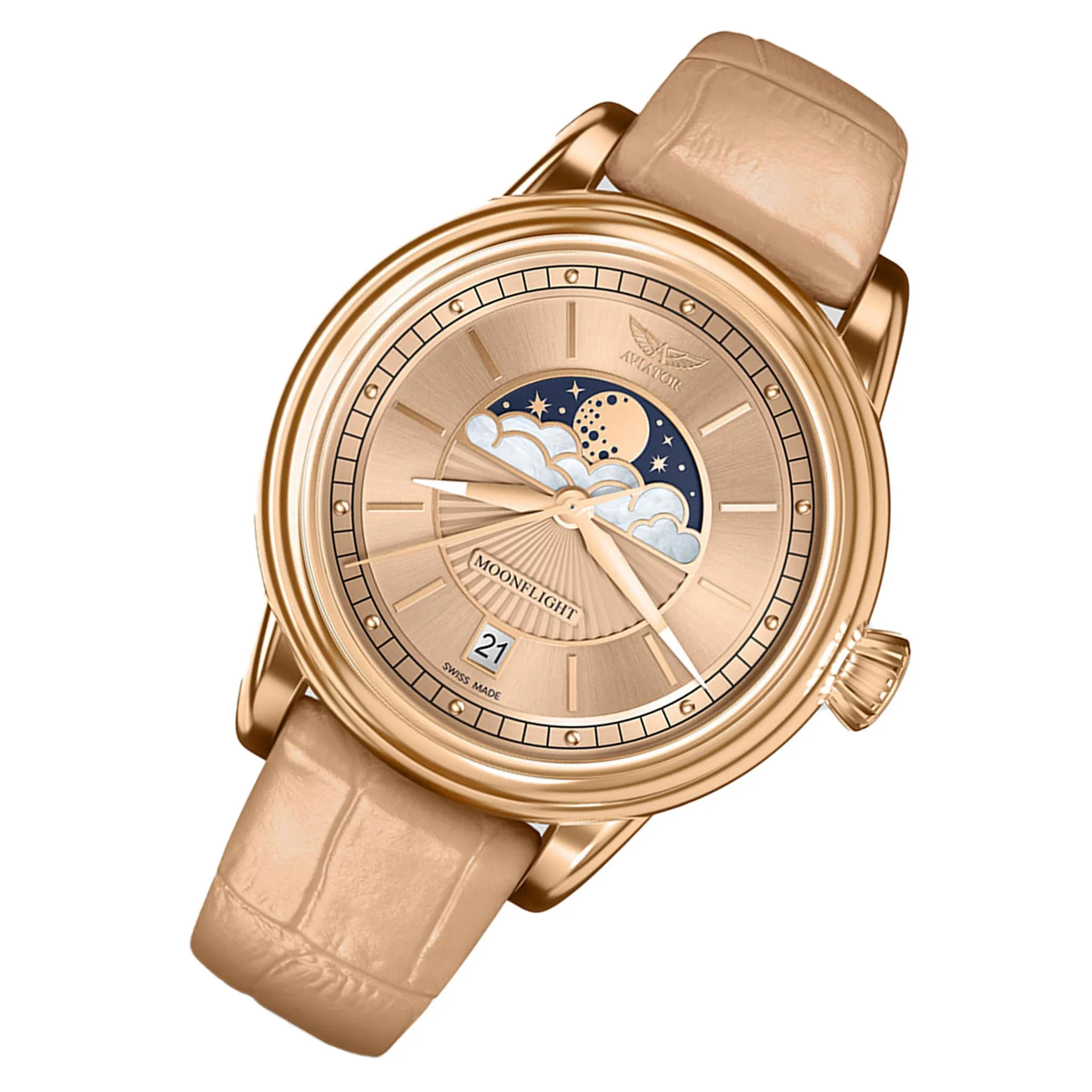 Aviator Beige Leather Swiss Made Women's Watch - V13322604