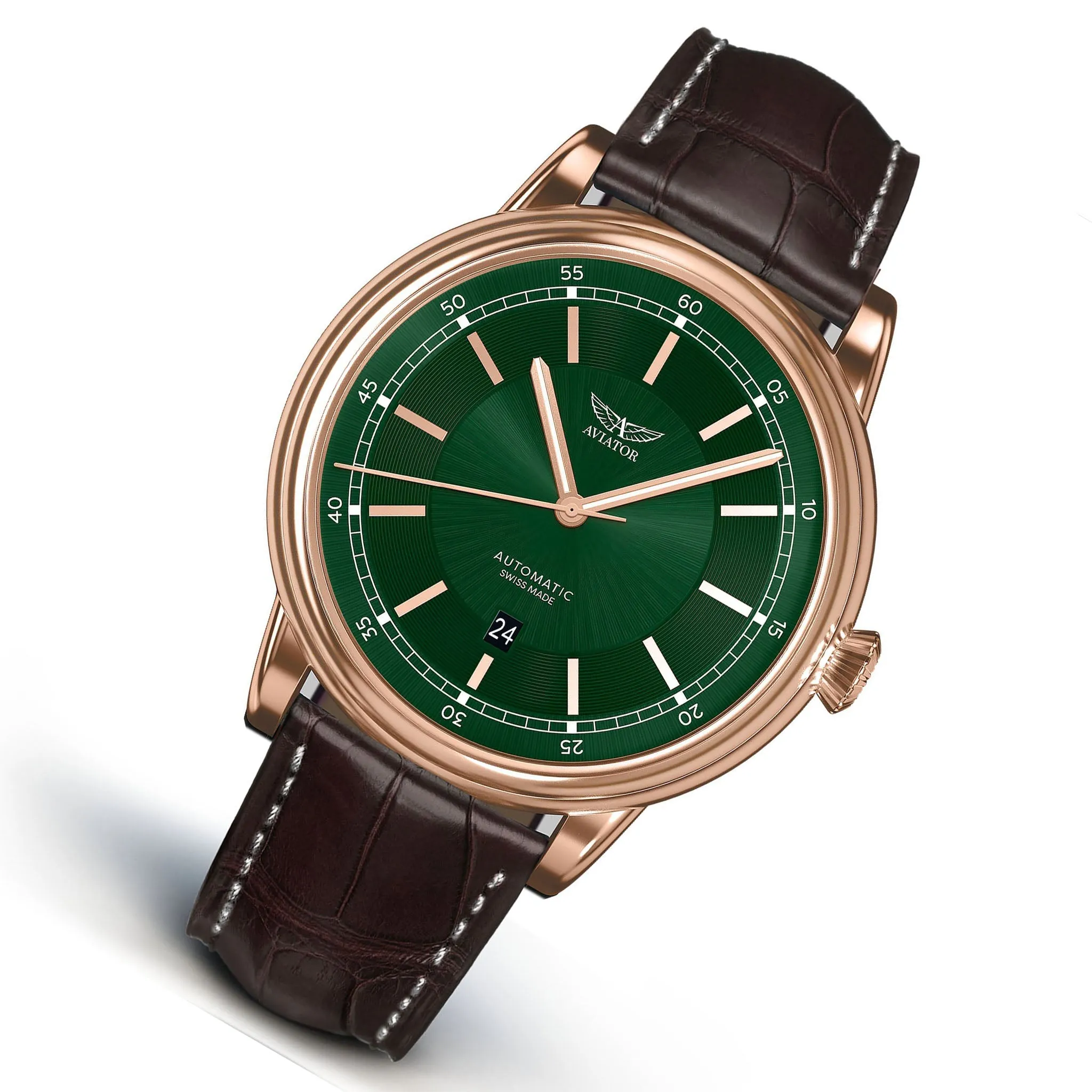 Aviator Brown Leather Green Dial Swiss Made Men's Automatic Watch - V33222370