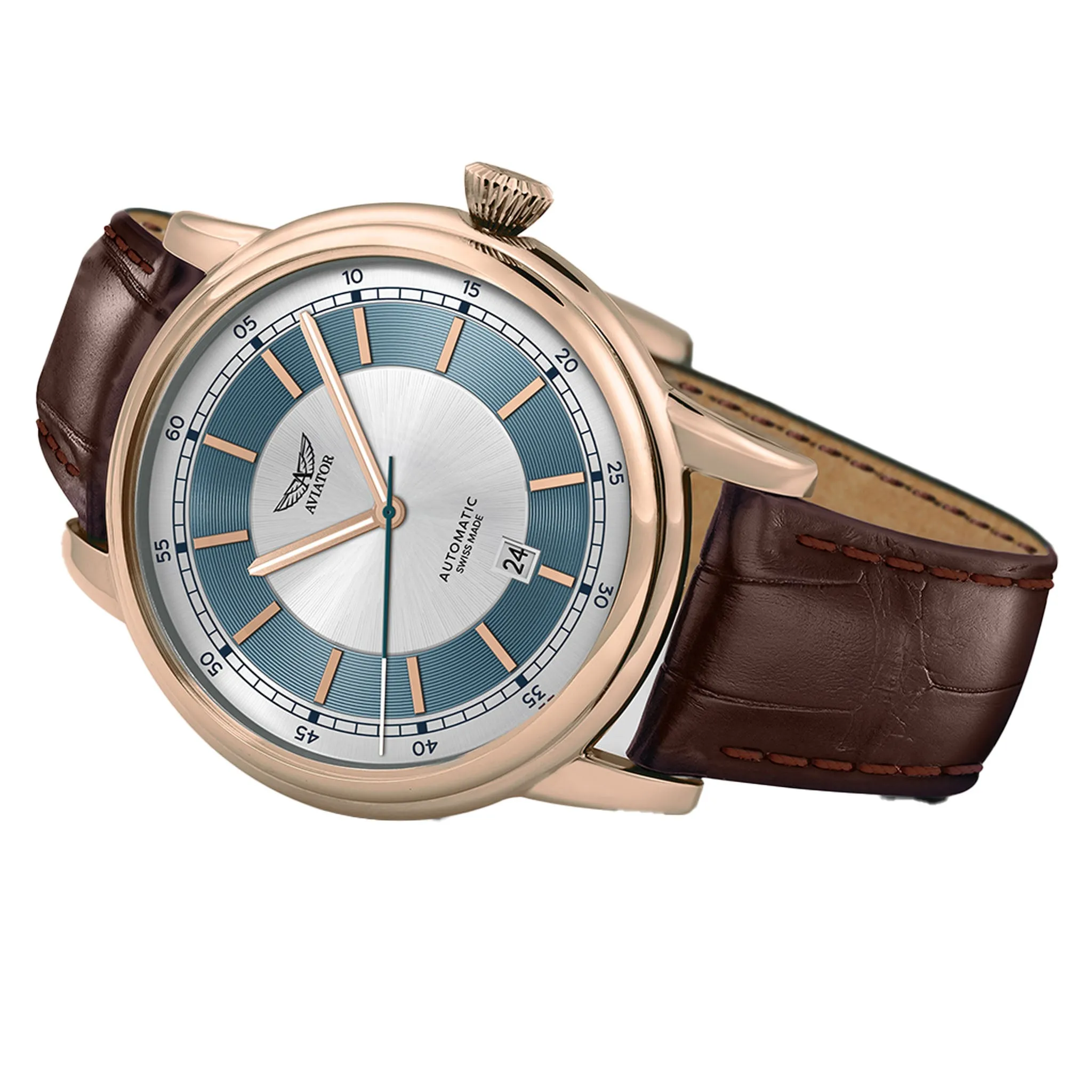 Aviator Brown Leather Silver Dial Swiss Made Men's Automatic Watch - V33222724