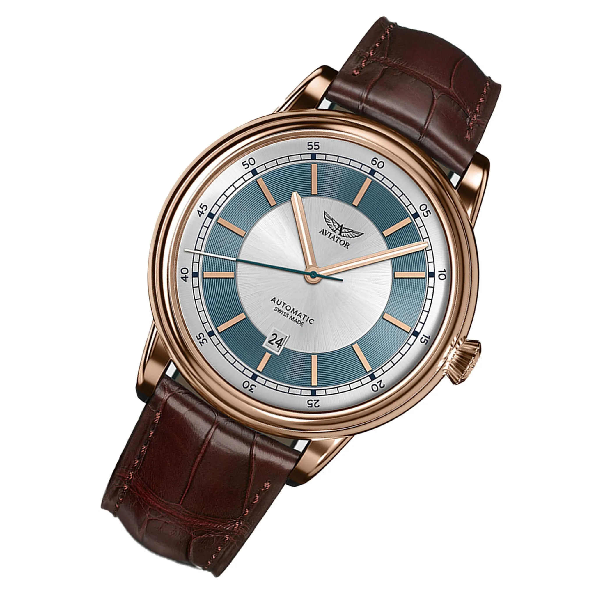 Aviator Brown Leather Silver Dial Swiss Made Men's Automatic Watch - V33222724