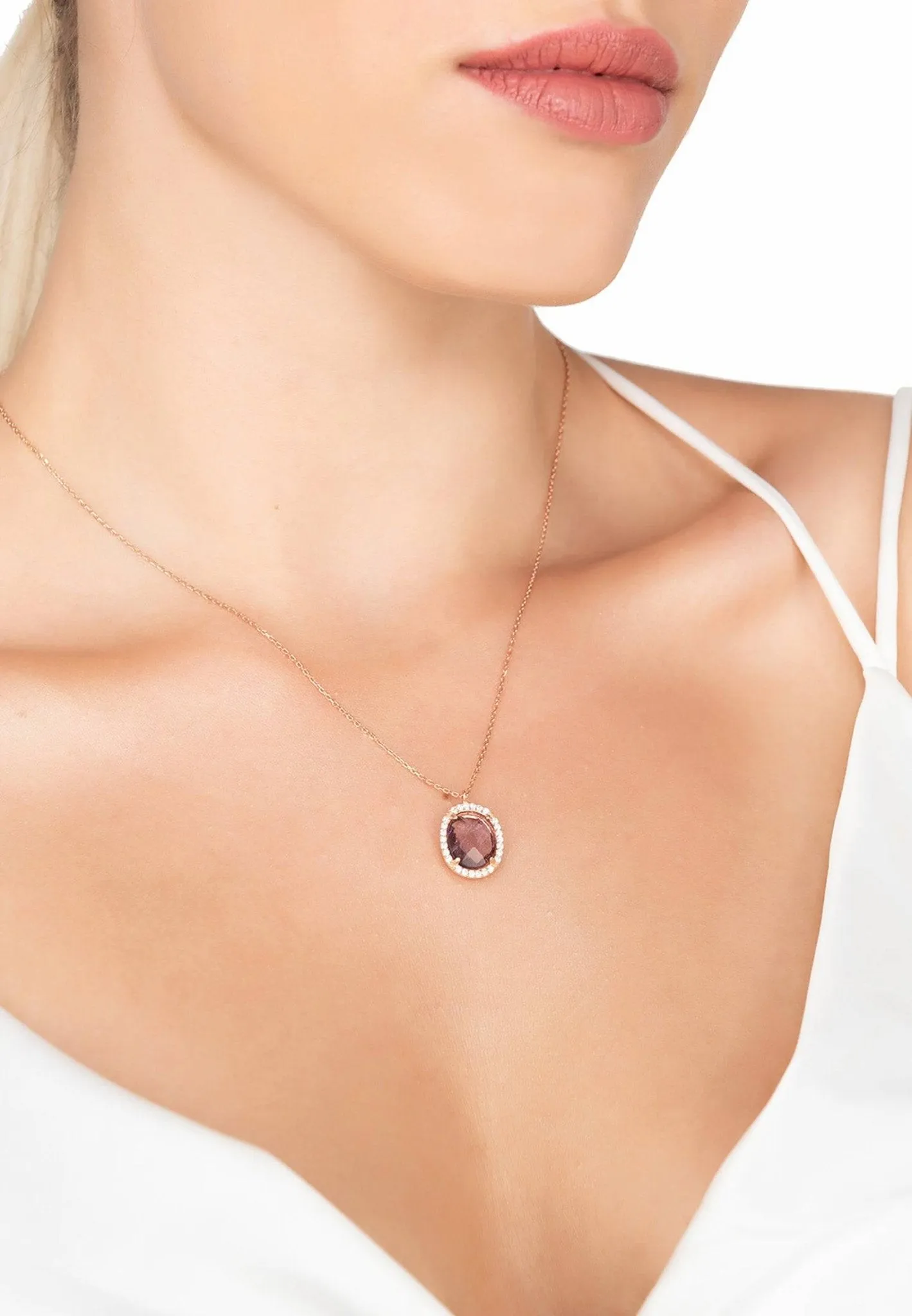 Beatrice Oval Gemstone Pendant Necklace Rose Gold Amethyst Hydro