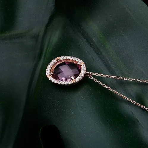 Beatrice Oval Gemstone Pendant Necklace Rose Gold Amethyst Hydro