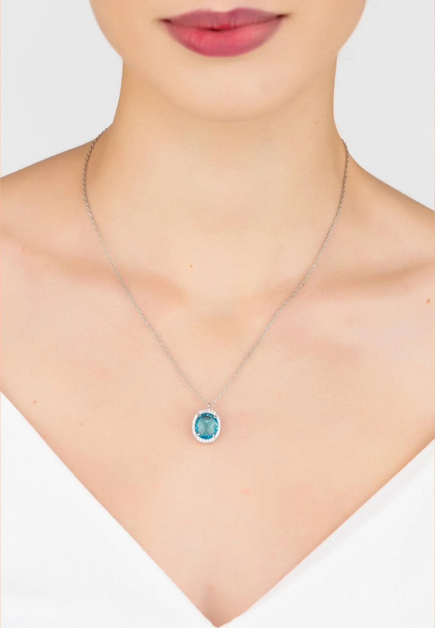 Beatrice Oval Gemstone Pendant Necklace Silver Blue Topaz Hydro