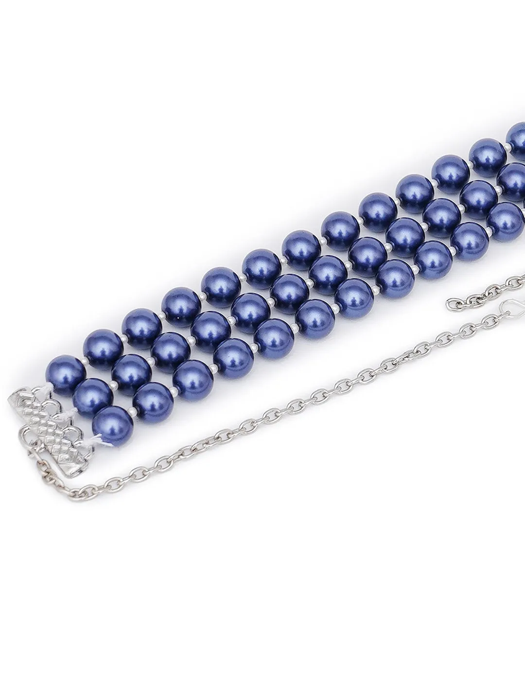 Blue & Silver-Toned Beaded Choker Necklace