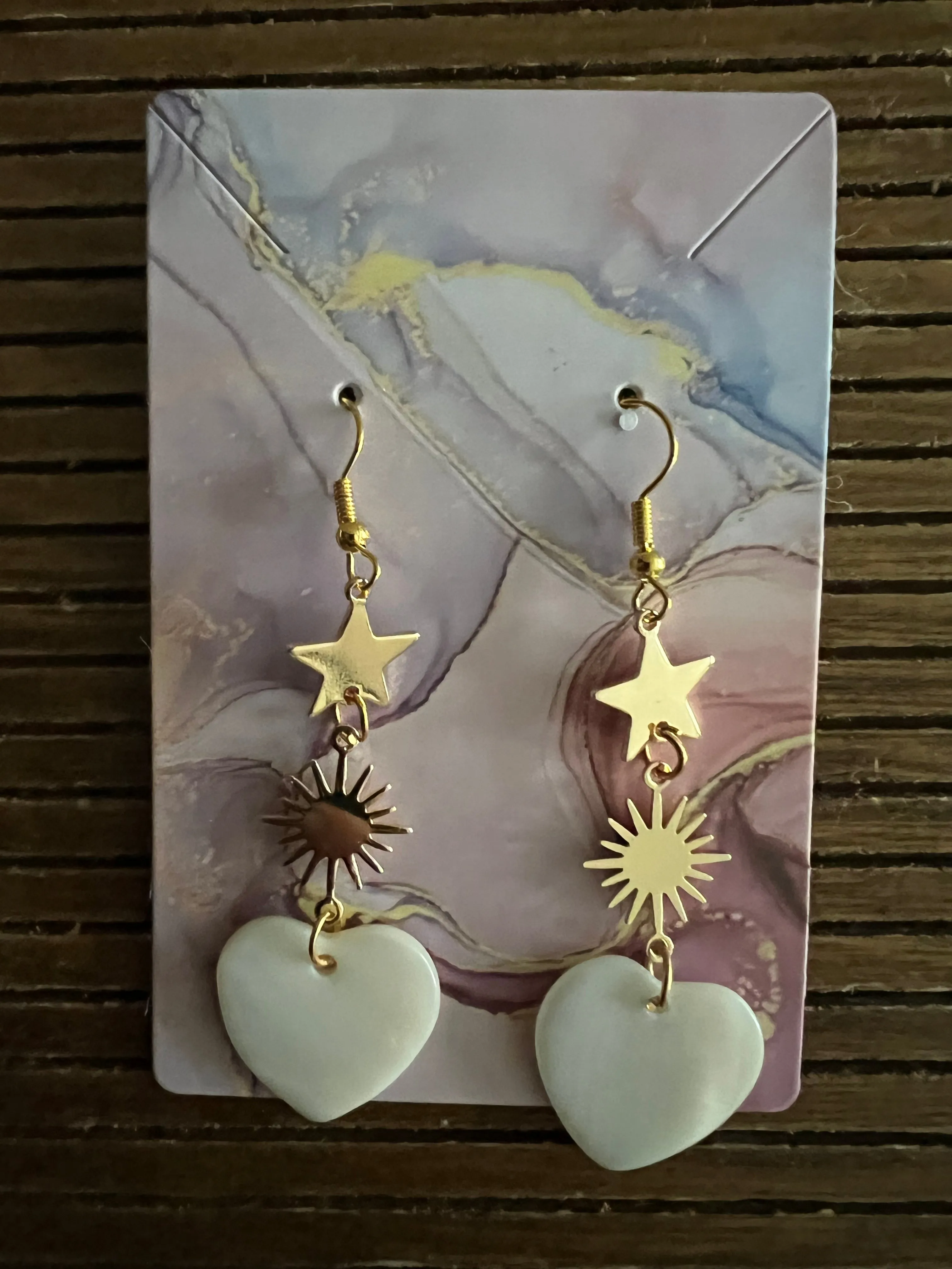 Celestial Handmade Gold Drop Earrings with Stars and Natural Shell Hearts