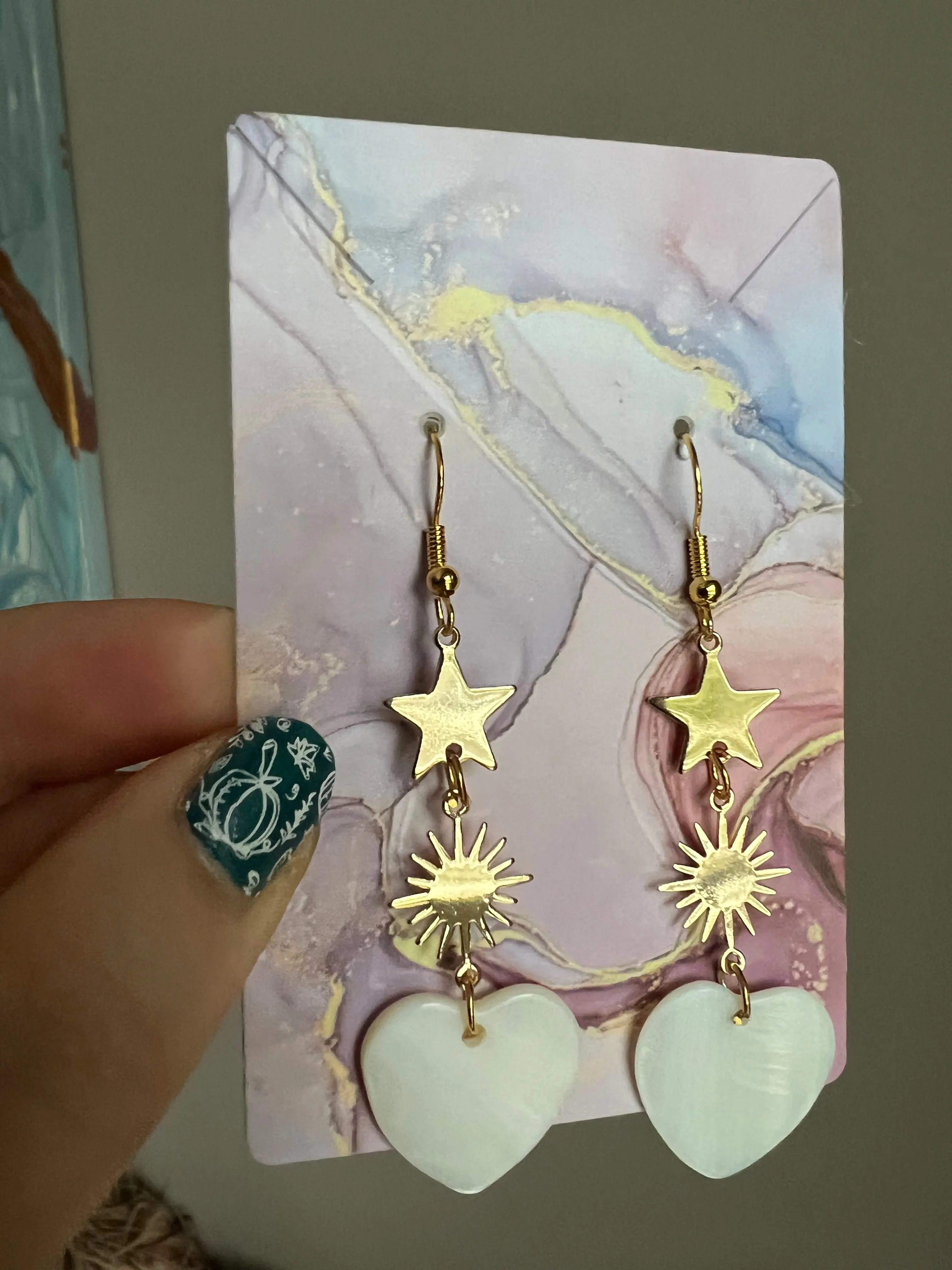 Celestial Handmade Gold Drop Earrings with Stars and Natural Shell Hearts
