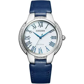 CITIZEN ECO-DRIVE SOLAR ANALOG BLUE LEATHER STRAP DIAMONDS LADIES WATCH EM0091-11B