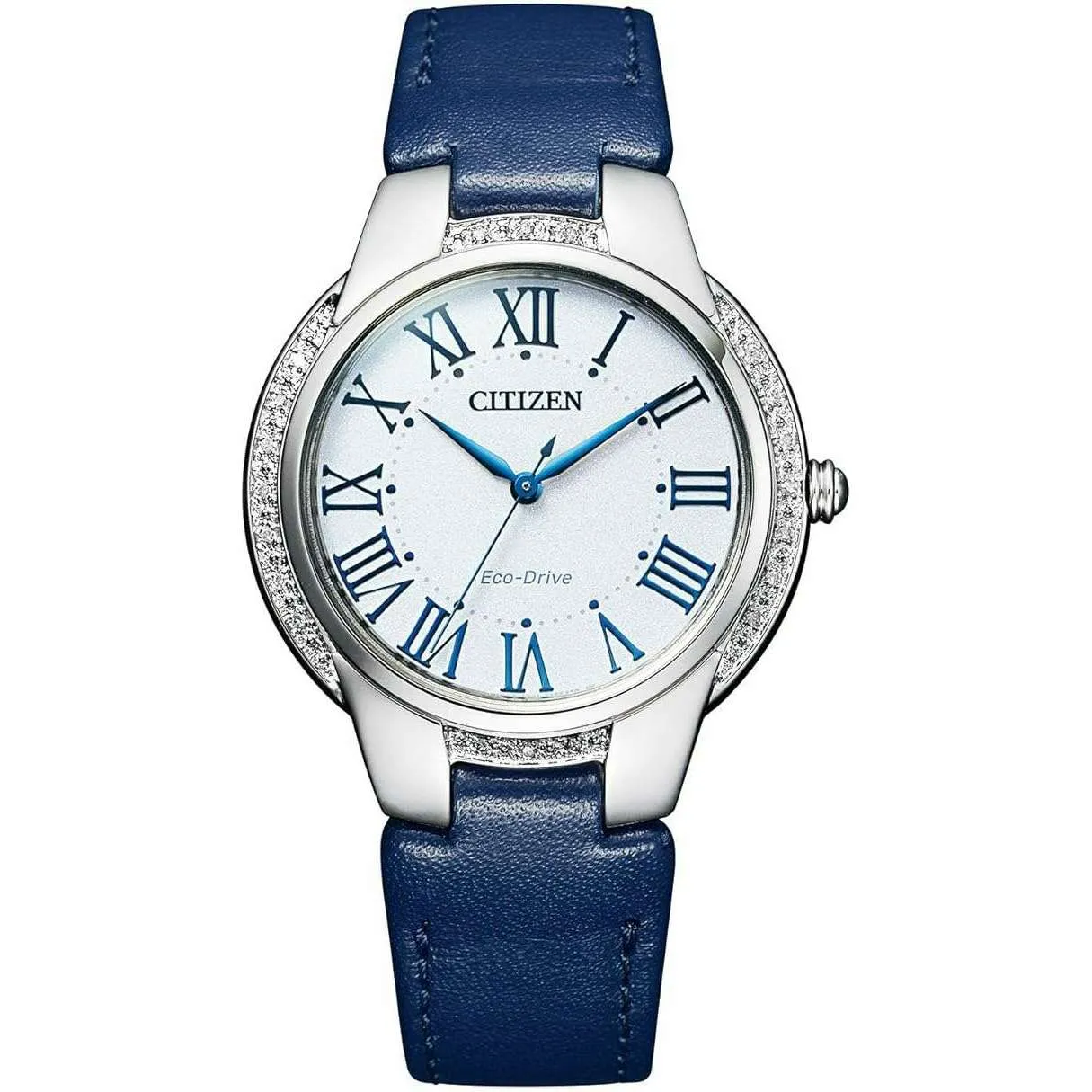 CITIZEN ECO-DRIVE SOLAR ANALOG BLUE LEATHER STRAP DIAMONDS LADIES WATCH EM0091-11B