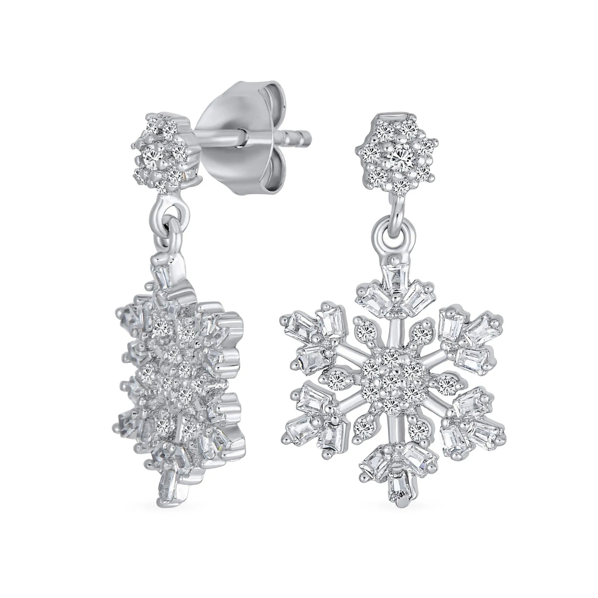 Classic Christmas Winter CZ Snowflake Dangle Earrings .925 Sterling Silver