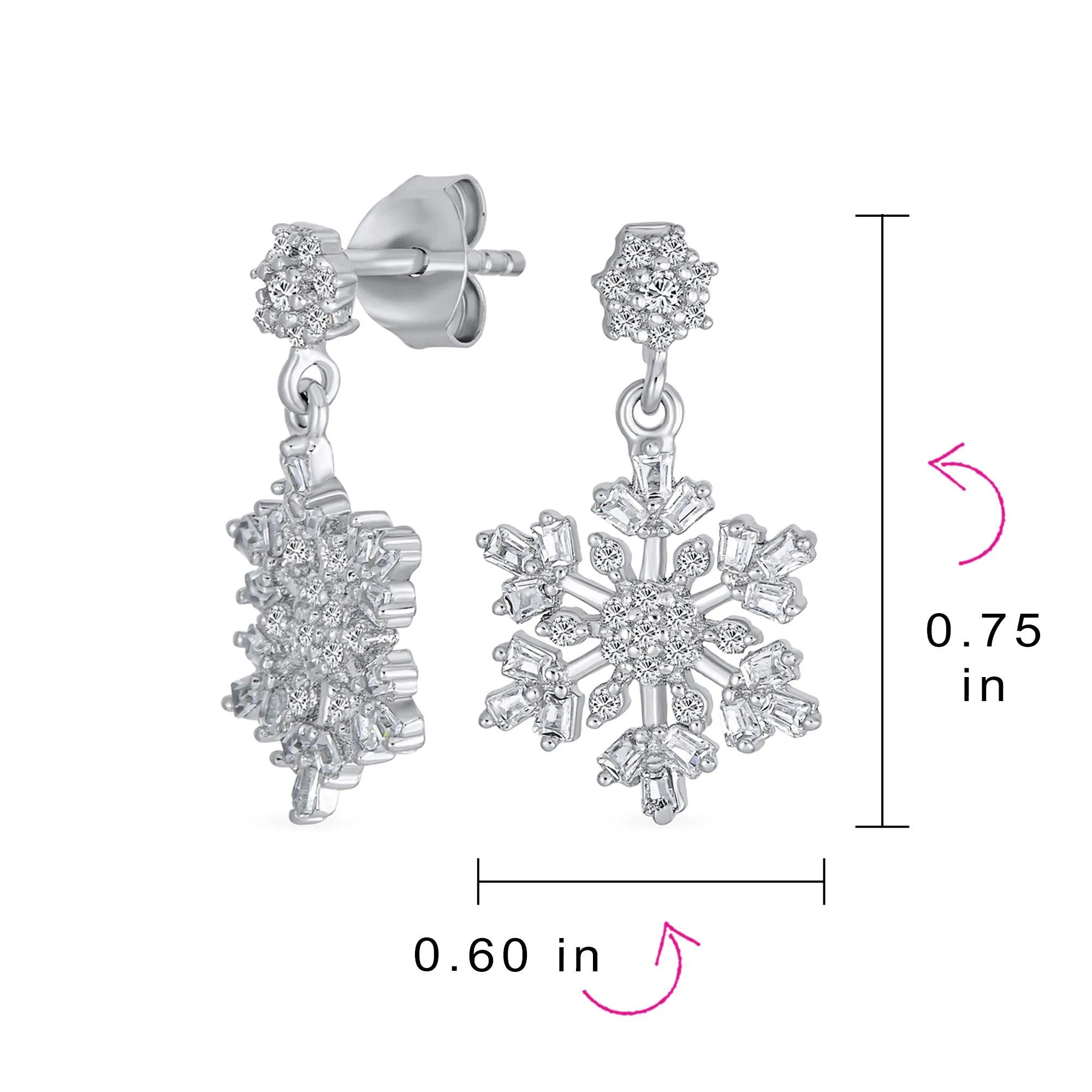 Classic Christmas Winter CZ Snowflake Dangle Earrings .925 Sterling Silver