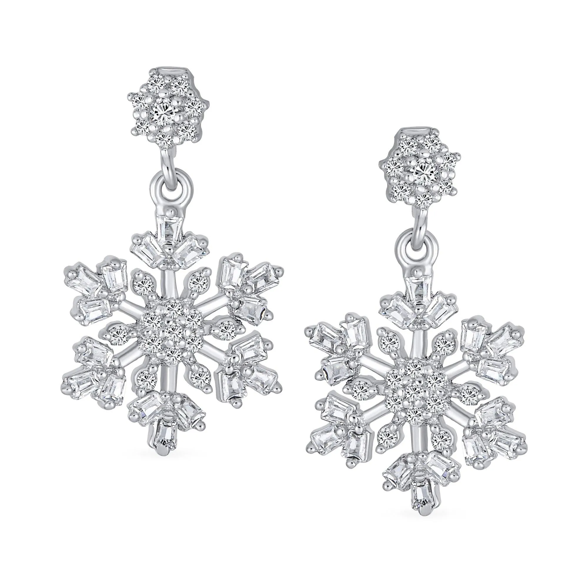 Classic Christmas Winter CZ Snowflake Dangle Earrings .925 Sterling Silver