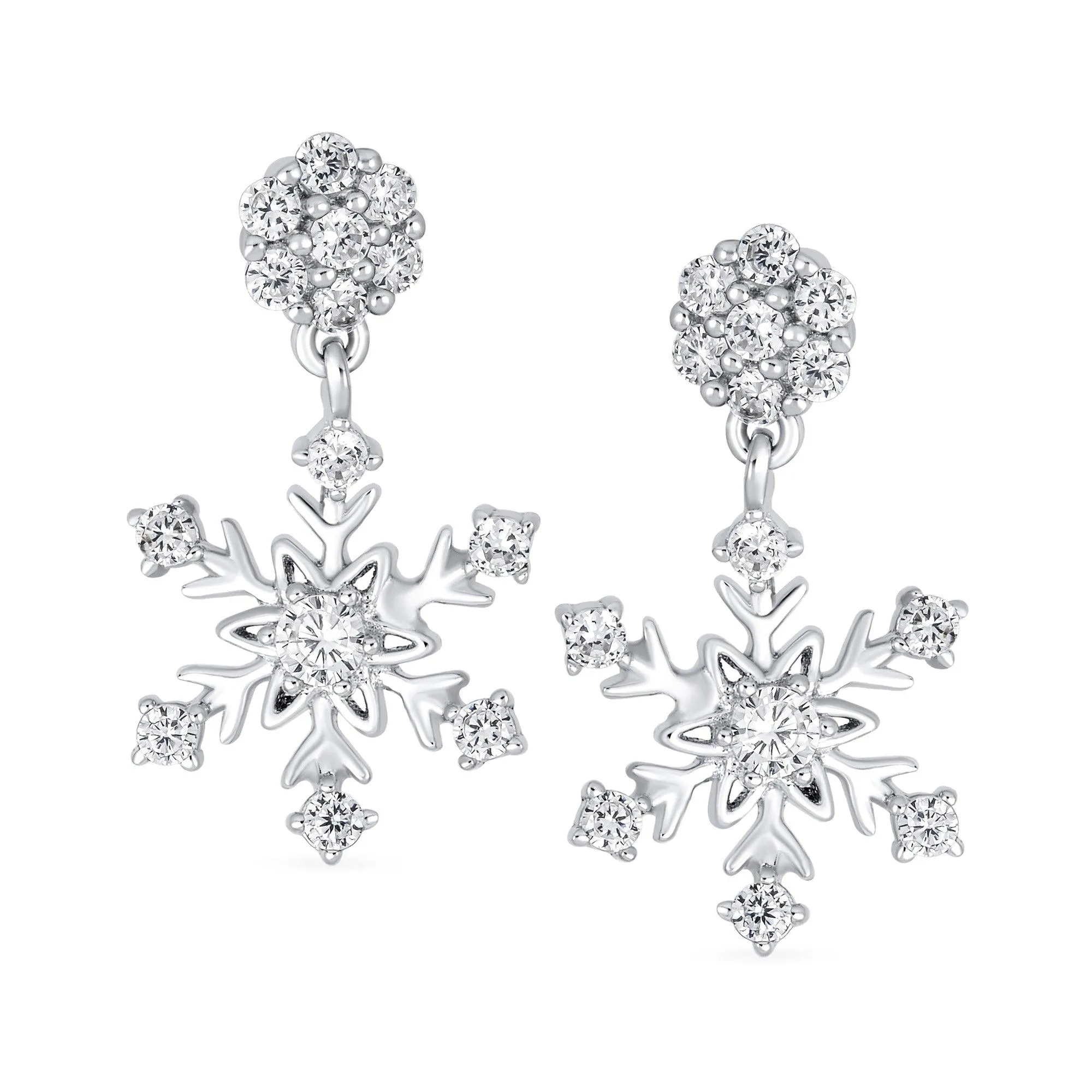 Classic Christmas Winter CZ Snowflake Dangle Earrings .925 Sterling Silver
